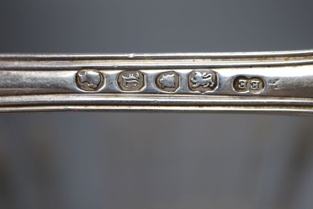 A set of nine Victorian silver double struck, fiddle, thread and shell pattern tableforks, Elizabeth Eaton, London, 1846,